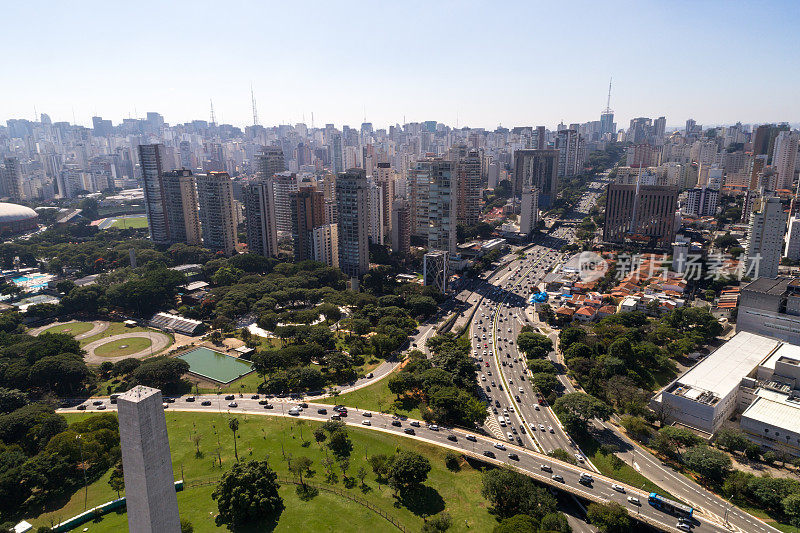 鸟瞰图Ibirapuera公园和23 de Maio大道在圣保罗，巴西